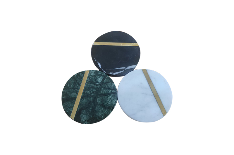  Custom White/Black/Green Round Marble Tea Coasters Set with Metal Strip